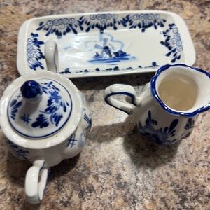 Vintage Blue and White Earthenware Cream & Sugar Set Delft Blue Holland